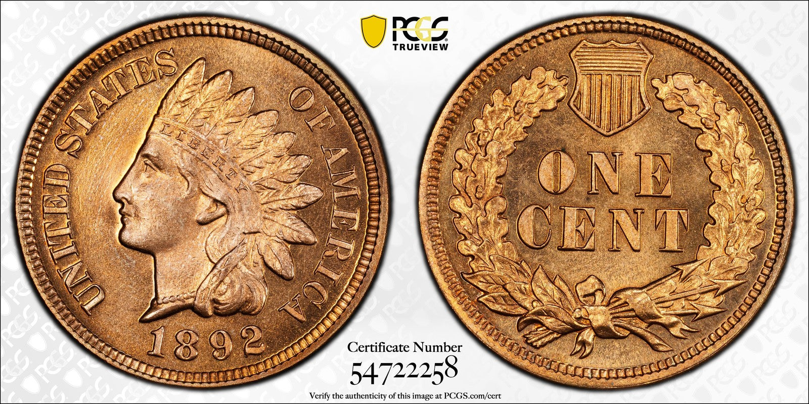 1892 (PR65RD) Proof Indian Head Cent 1C IHC PCGS