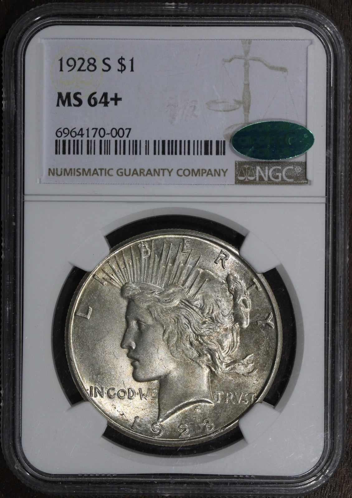 1928-S (MS64+ CAC) Peace Dollar $1 NGC - KEY Date, PLUS Grade