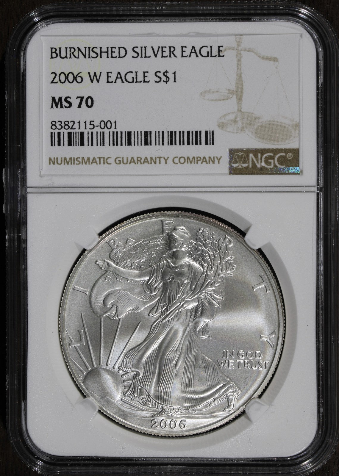 2006-W (MS70) Burnished American Silver Eagle $1 ASE NGC