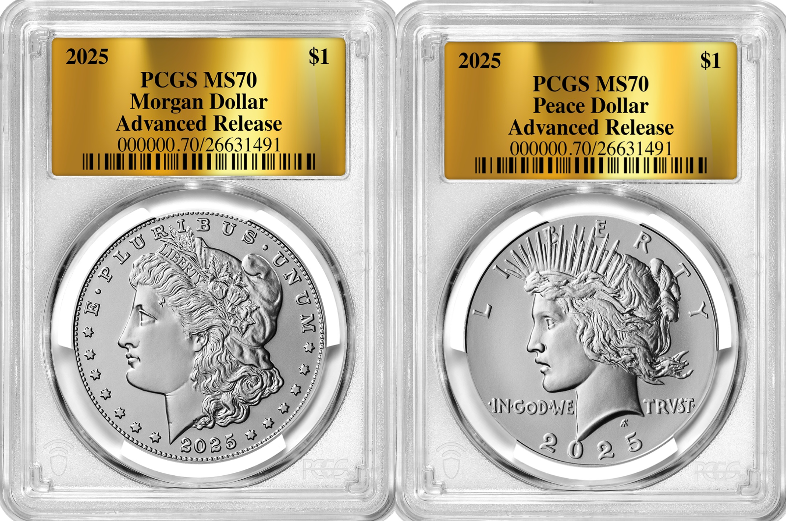 2025-P (MS70) Morgan & Peace Silver Dollar Advanced Release AR PCGS Gold Label