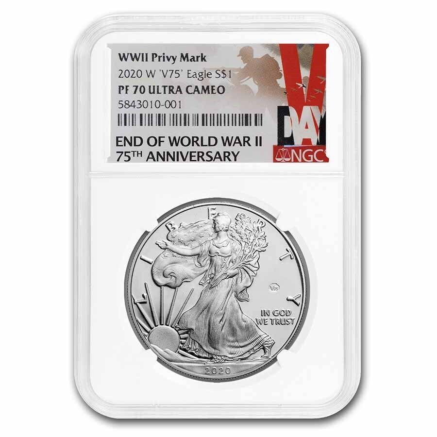 2020-W V75 (PF70UCAM) Proof Silver Eagle NGC - End of World War II V Day Label