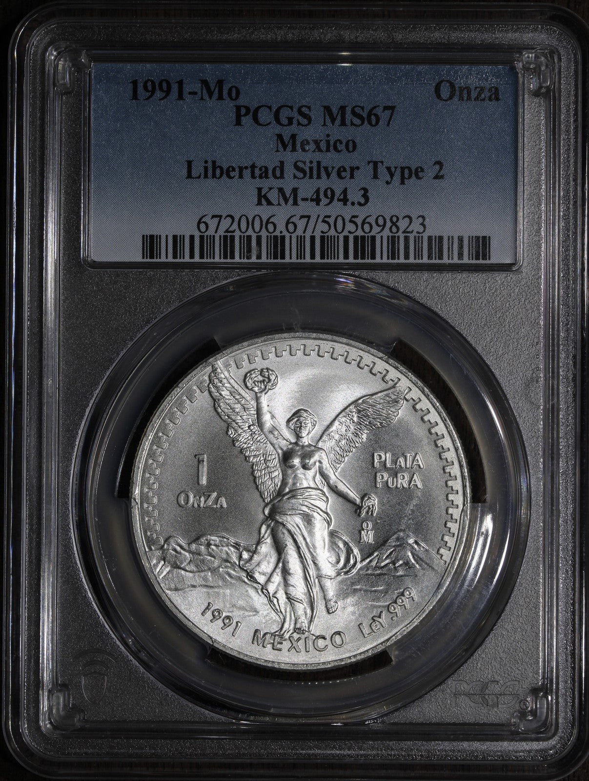 1991-Mo (MS67) Type 2 Mexican Silver Libertad Onza PCGS - Scarce Variety