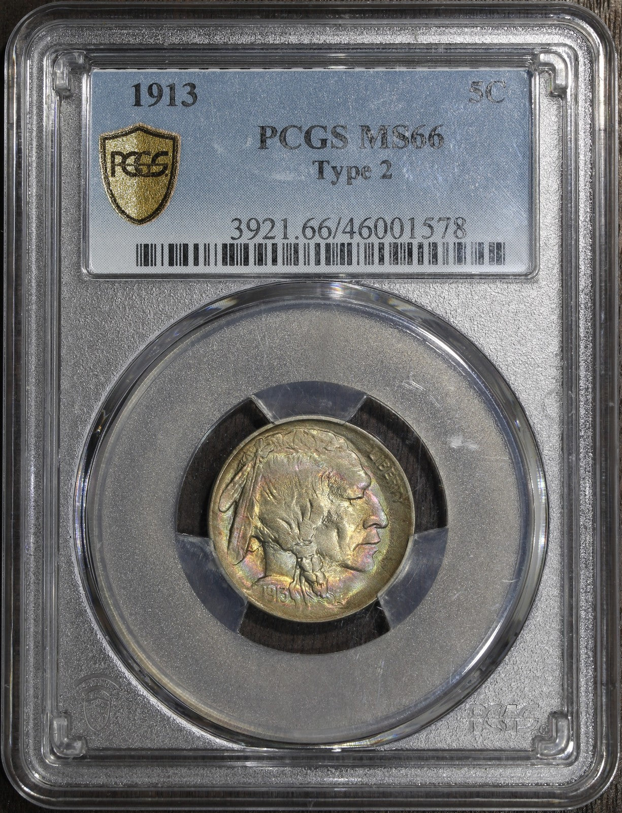 1913 (MS66) Type 2 Buffalo Nickel 5C PCGS - Rainbow Toned