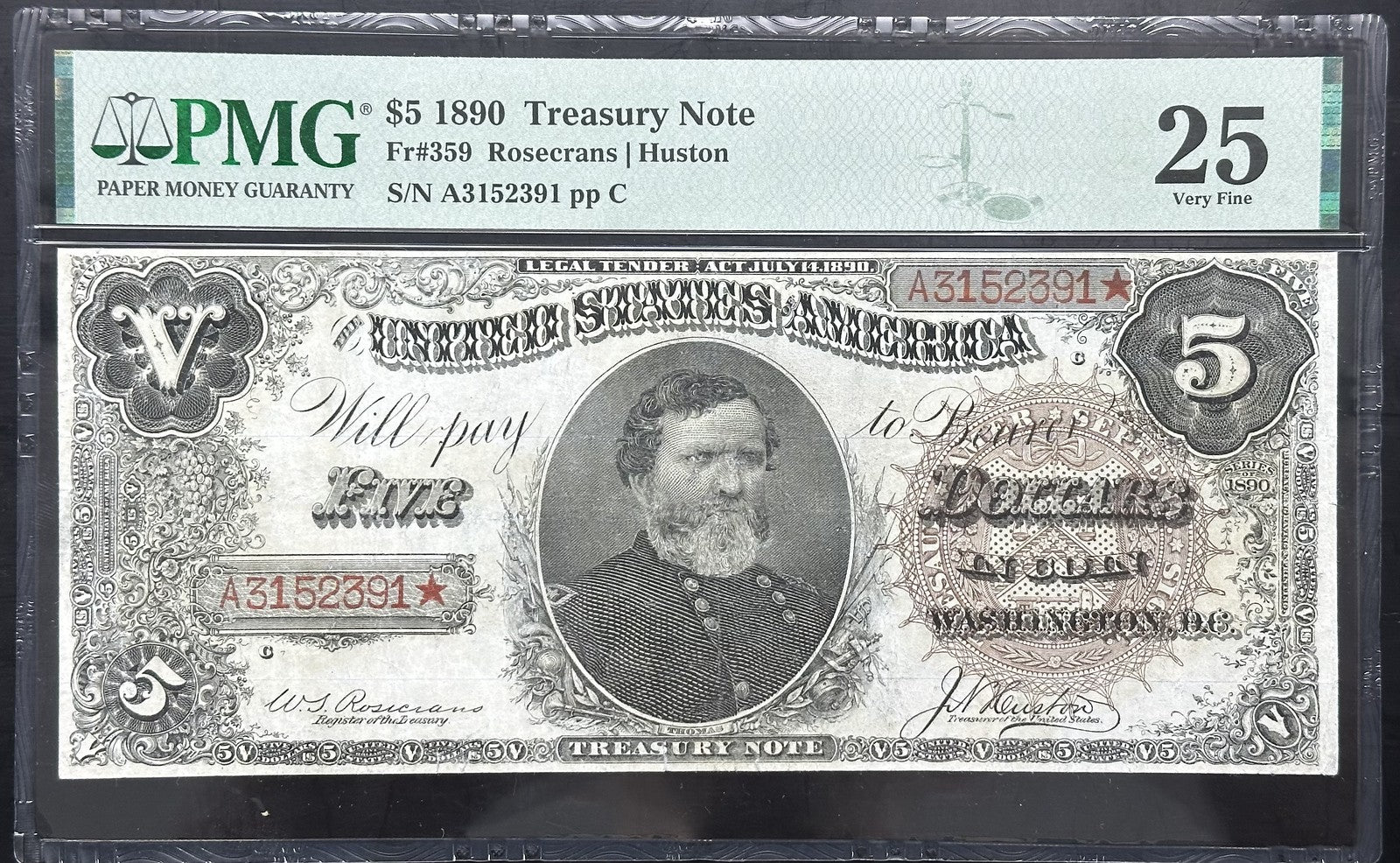 1890 $5 Treasury Note Fr. 359 PMG VF25 - Thomas $5 Treasury