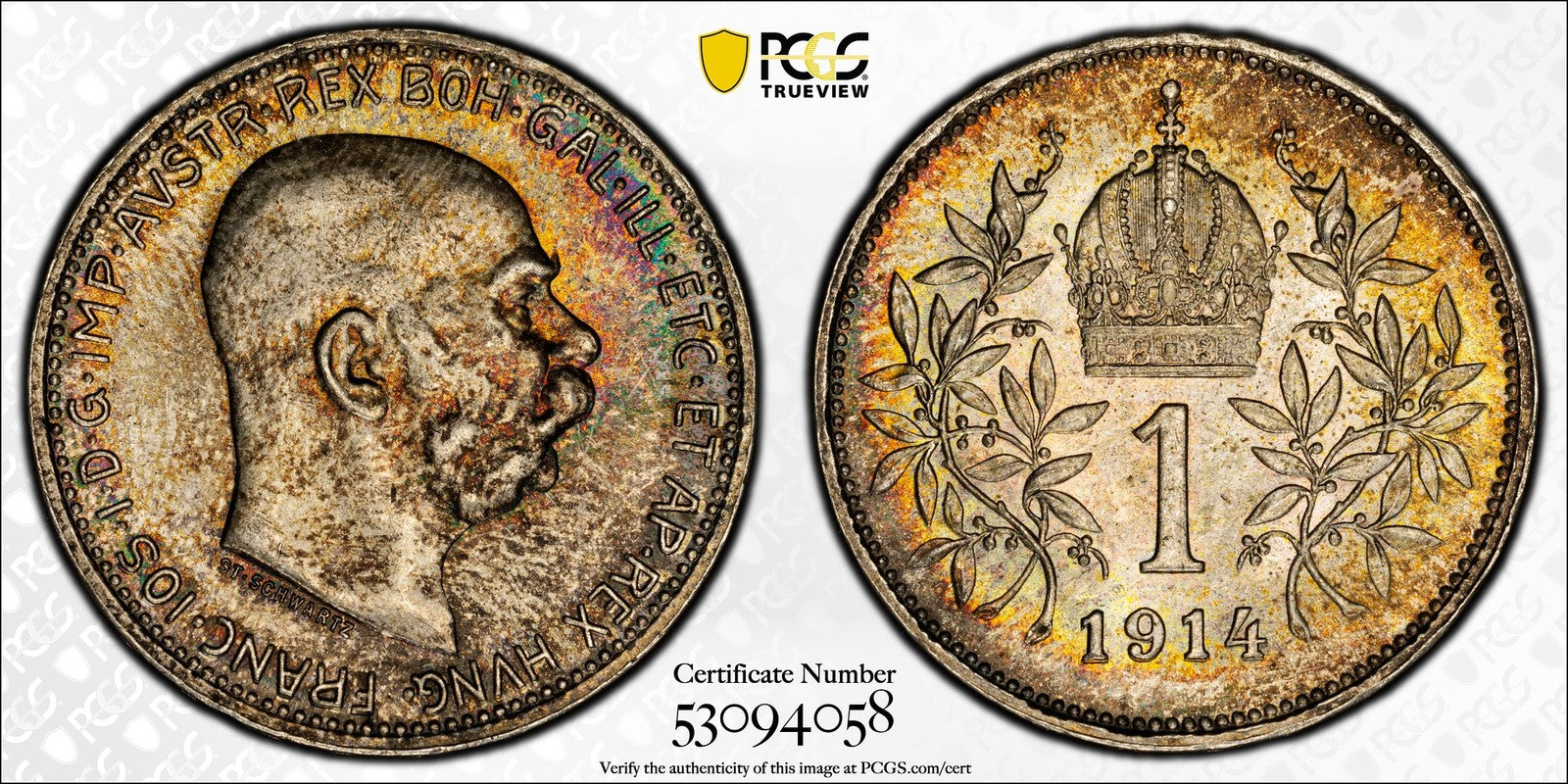 1914 (MS66) Austria Franz Joseph Silver 1 Corona PCGS - Rainbow Toned Top Pop