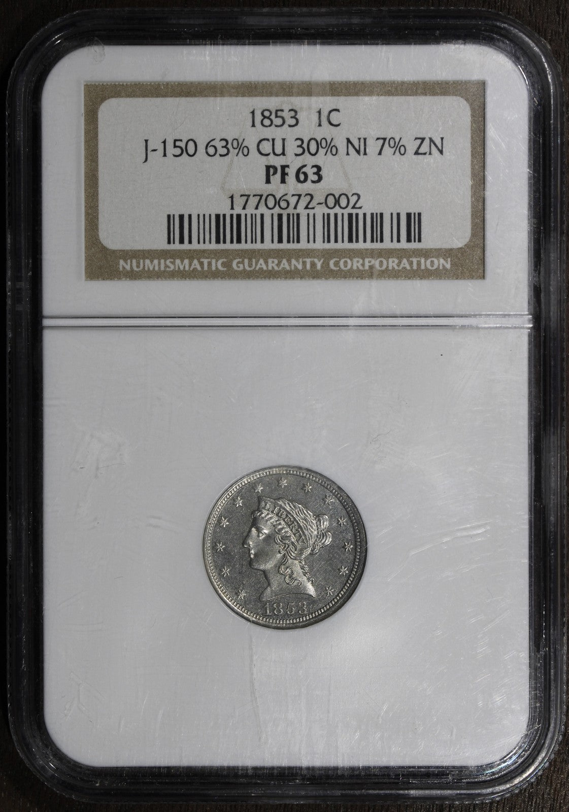 1853 (PF63) Proof Copper Nickel Cent Pattern 1C NGC - Judd 150