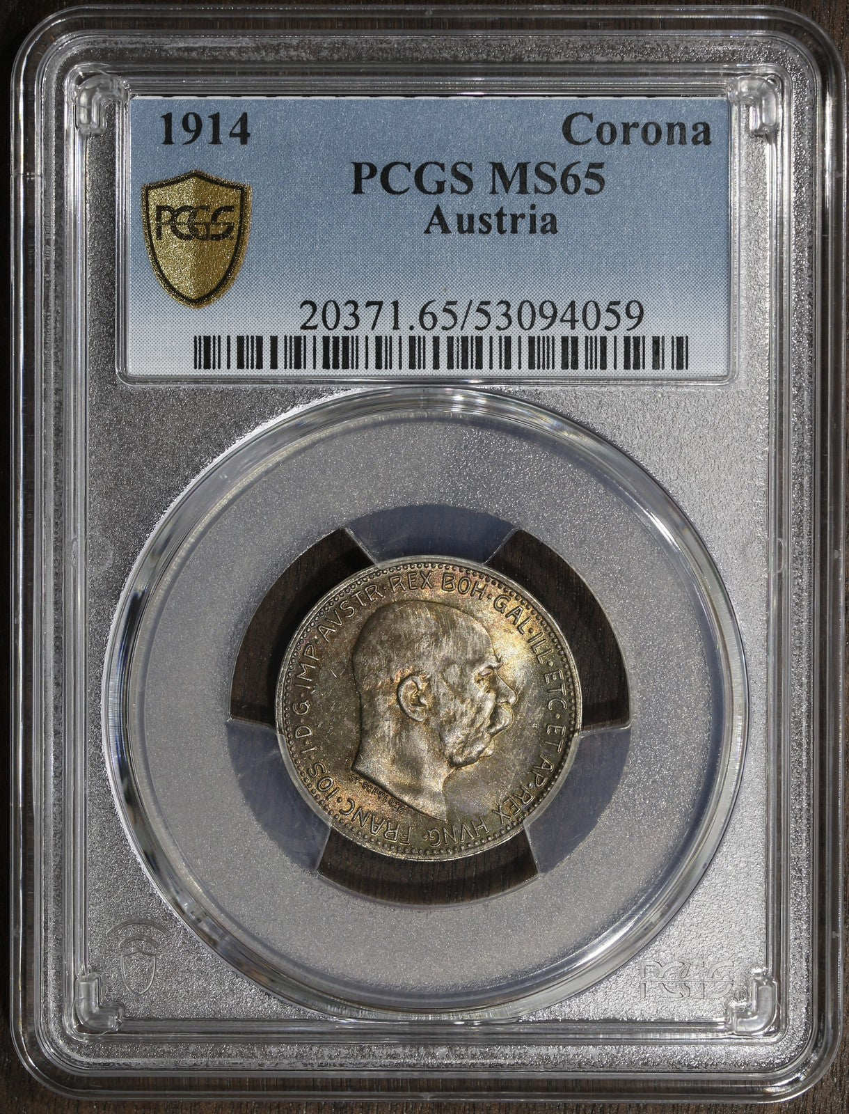 1914 (MS65) Austria Franz Joseph Silver 1 Corona PCGS - Rainbow Toned GEM