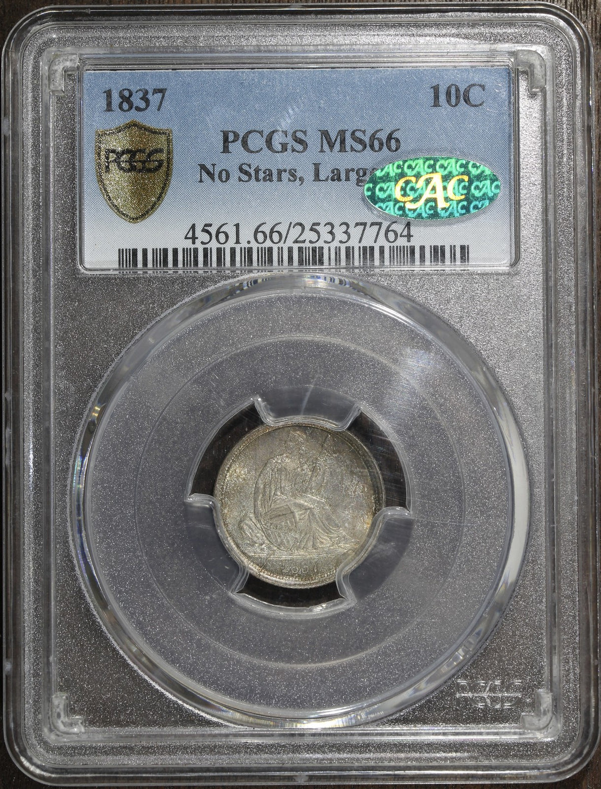 1837 (MS66 CAC) Seated Liberty Dime 10C PCGS - No Stars, Large Date