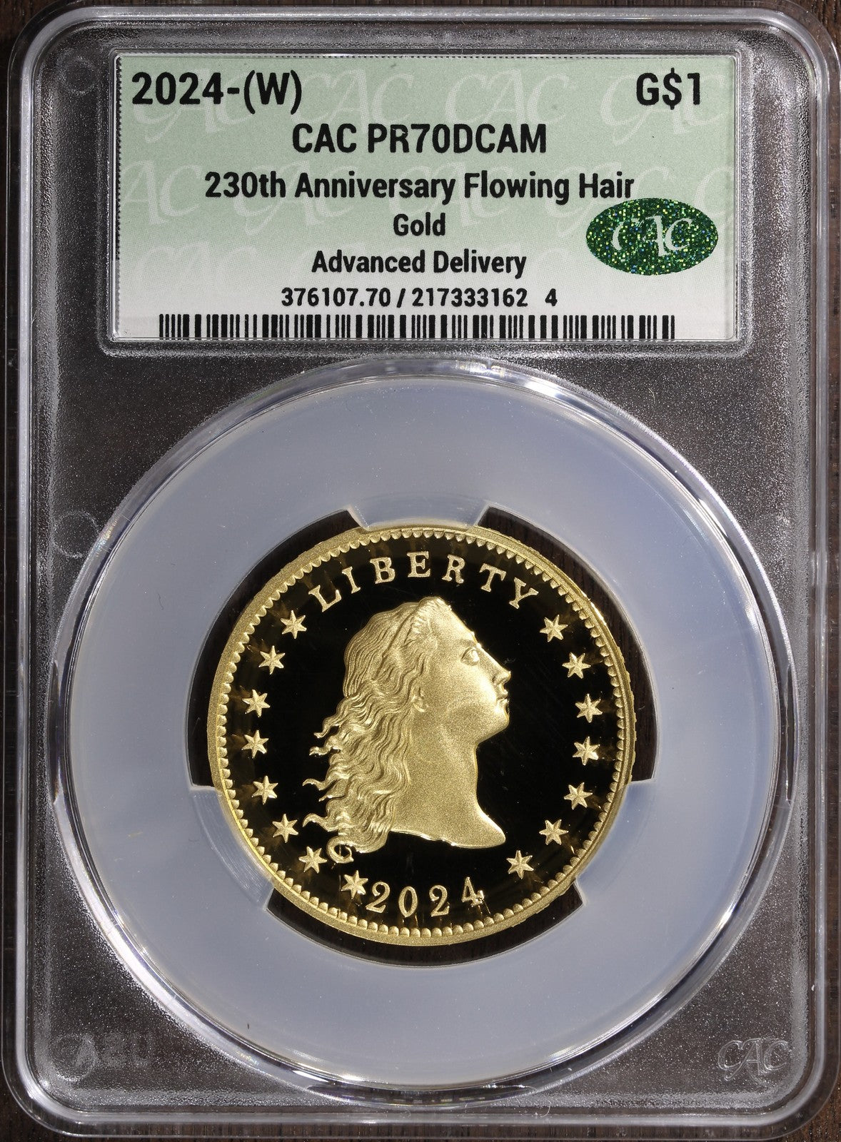2024 (PR70) Flowing Hair $1 Gold Coin - 230 Anniversary - Advanced Delivery CACG