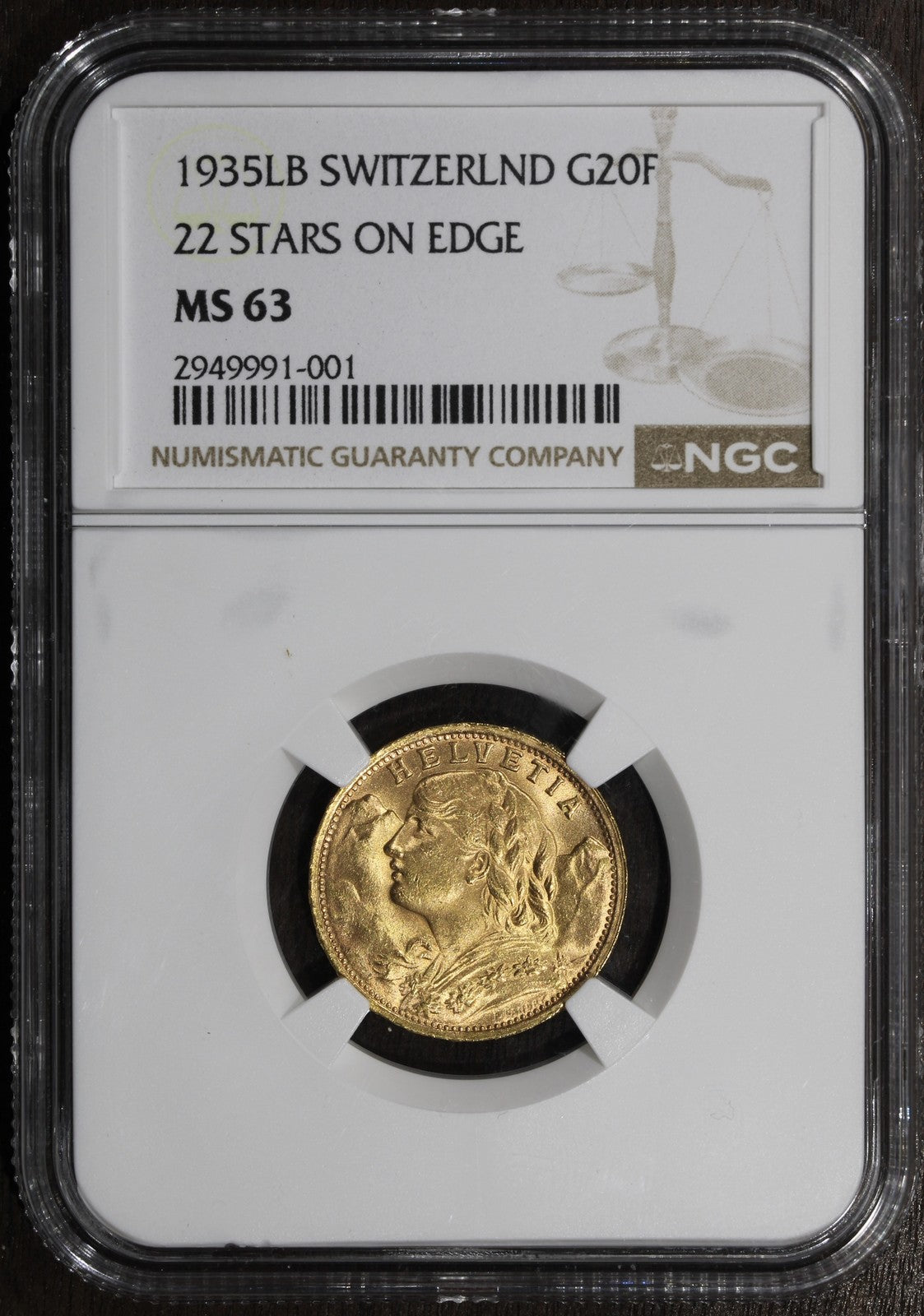 1935-LB (MS63) Switzerland Gold 20 Francs 20FR NGC - 22 Stars on Edge