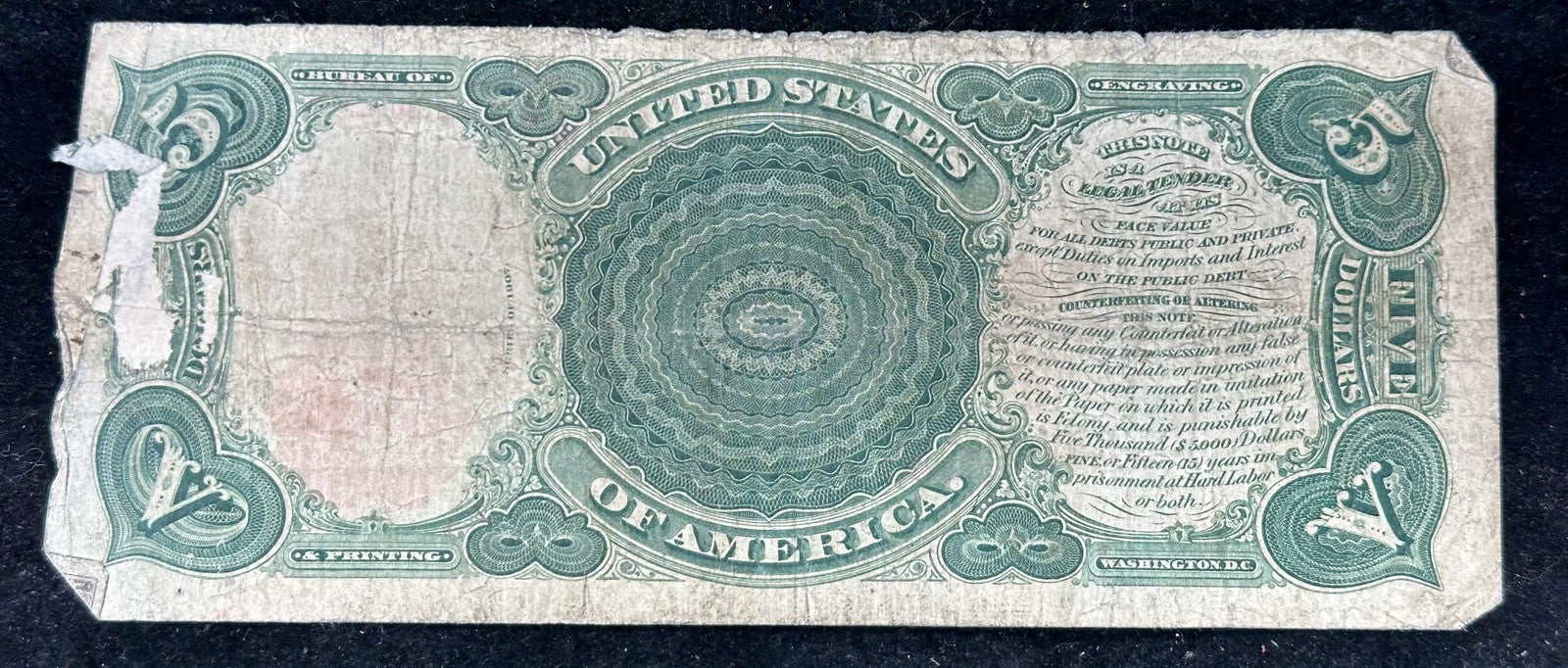 1907 $5 Wood Chopper Legal Tender Red Seal Note - Low Grade