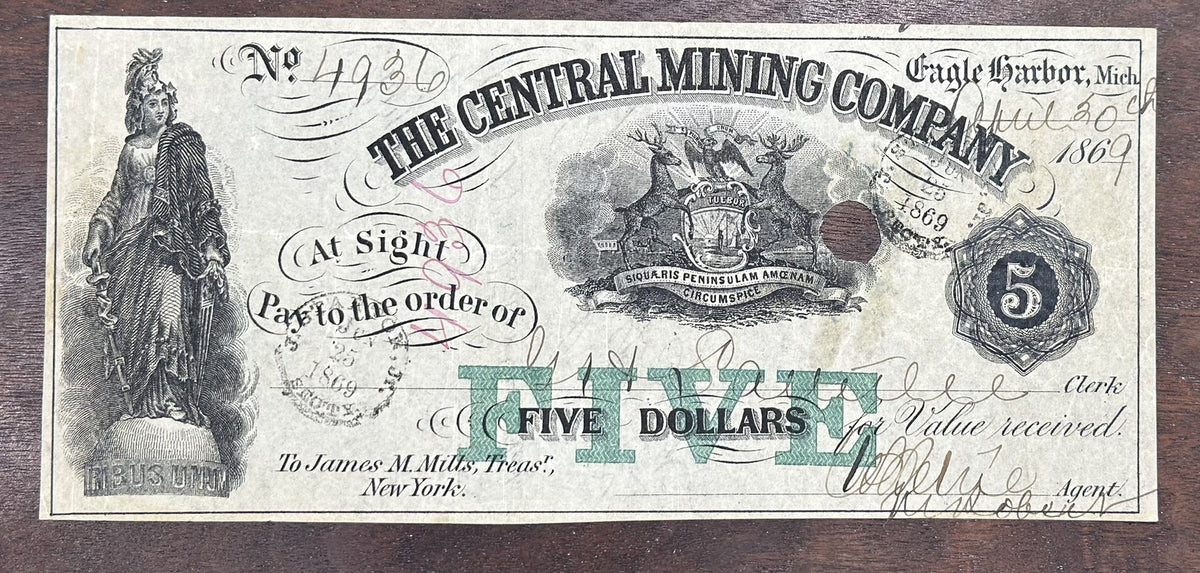 1866 $5 Central Mining Company Obsolete Bank Note - Cancelled Five Dollars
