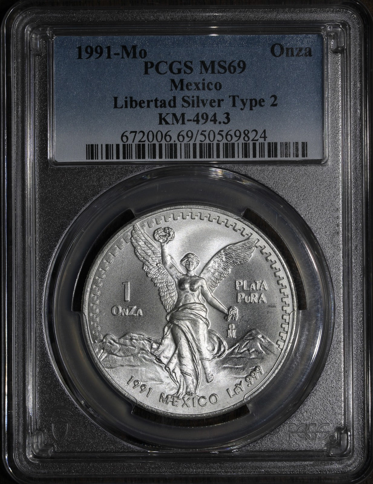 1991-Mo (MS69) Type 2 Mexican Silver Libertad Onza PCGS - Top POP