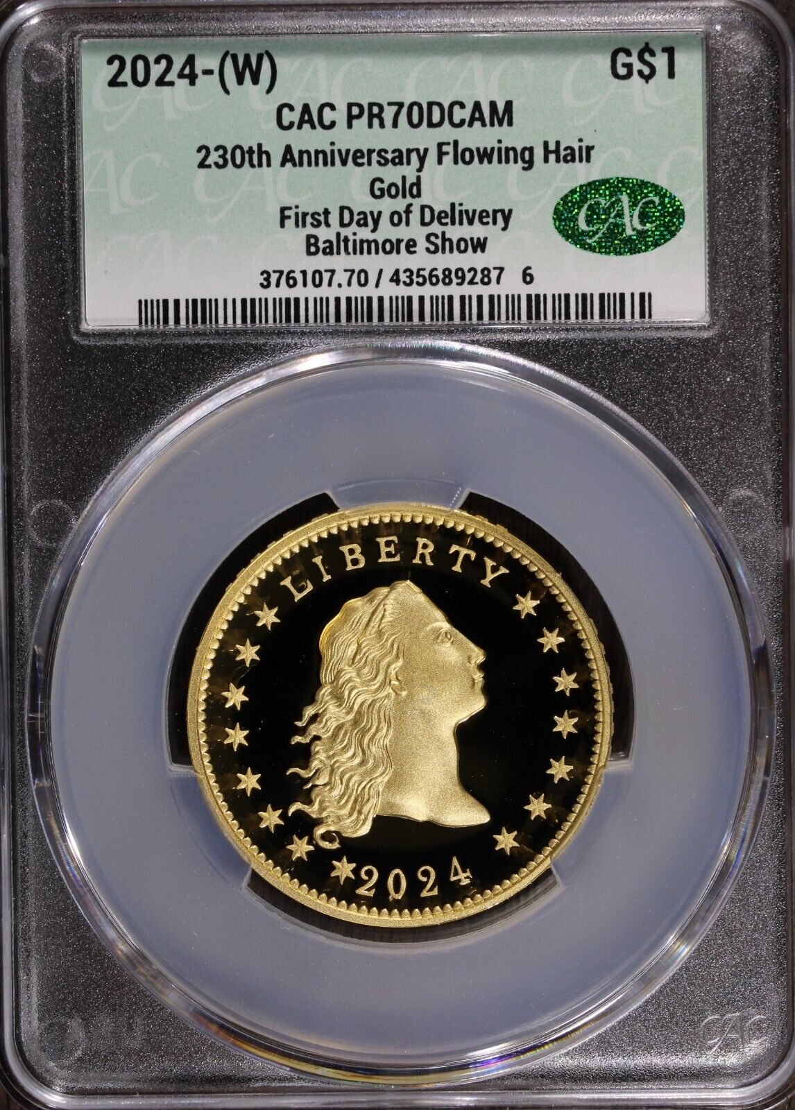 2024 (PR70) Flowing Hair $1 Gold Coin - 230 Anni- First Day FDOD (Baltimore) CAC
