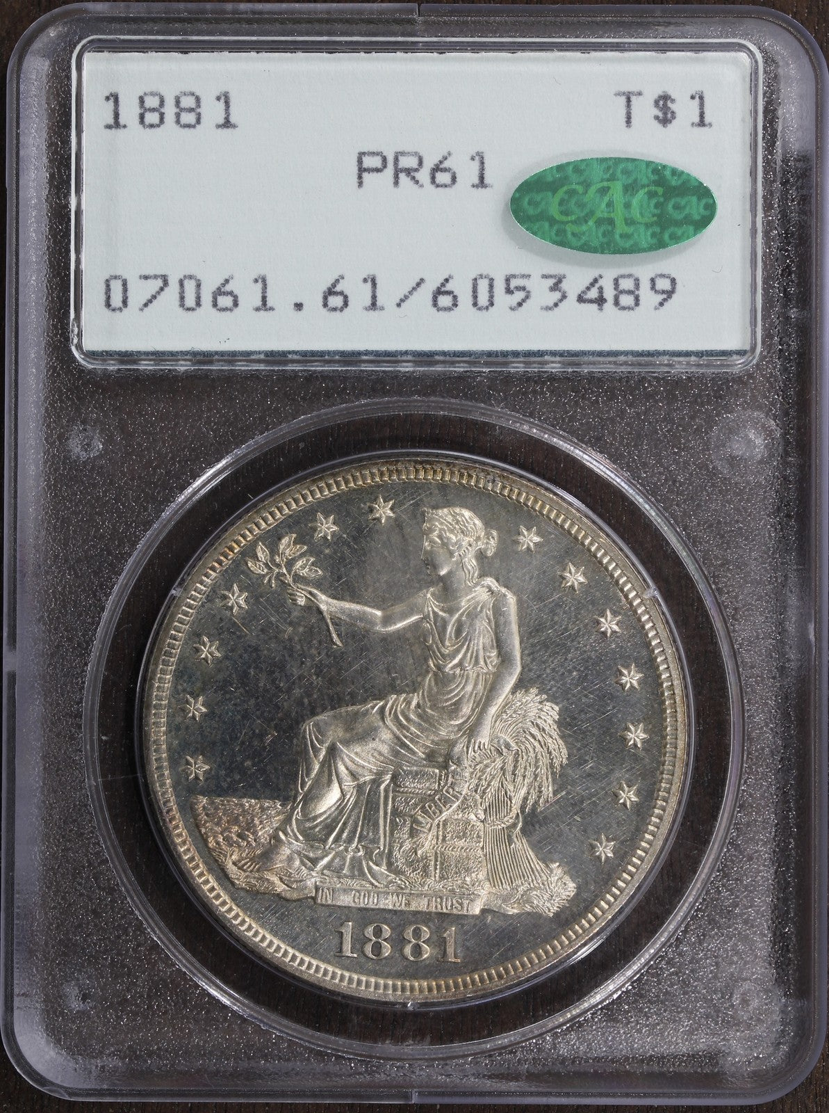 1881 (PR61 CAC) Proof Trade Silver Dollar $1 PCGS Rattler - Great Contrast
