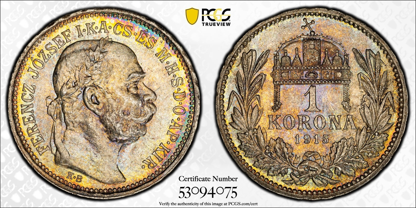 1915-KB (MS64) Hungary Franz Joseph Silver 1 Corona PCGS - Rainbow Toned