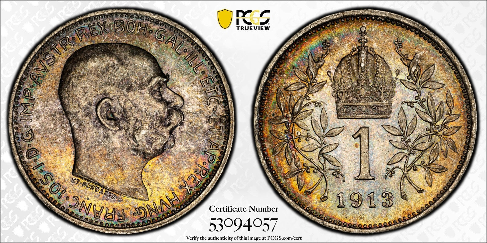 1913 (MS65) Austria Franz Joseph Silver 1 Corona PCGS - Nice Rainbow Toning