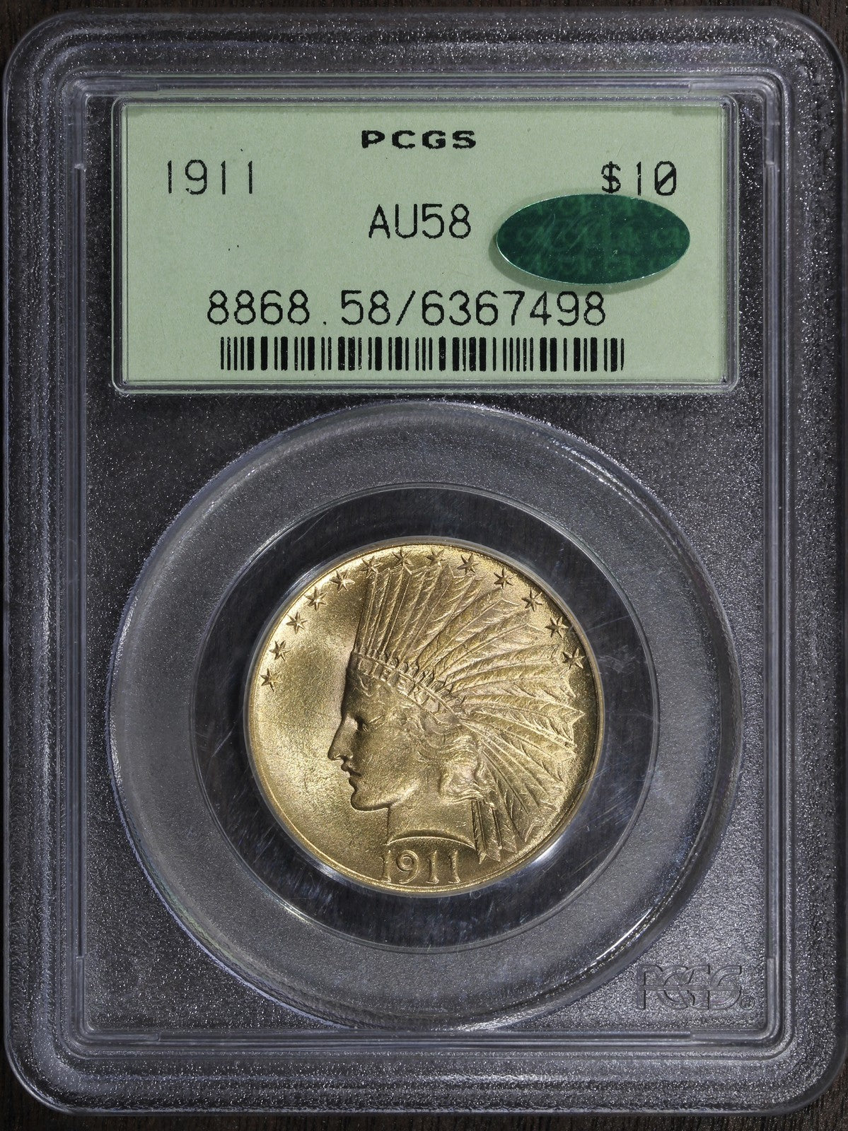 1911 (AU58 CAC) Indian Head Gold Eagle $10 PCGS OGH