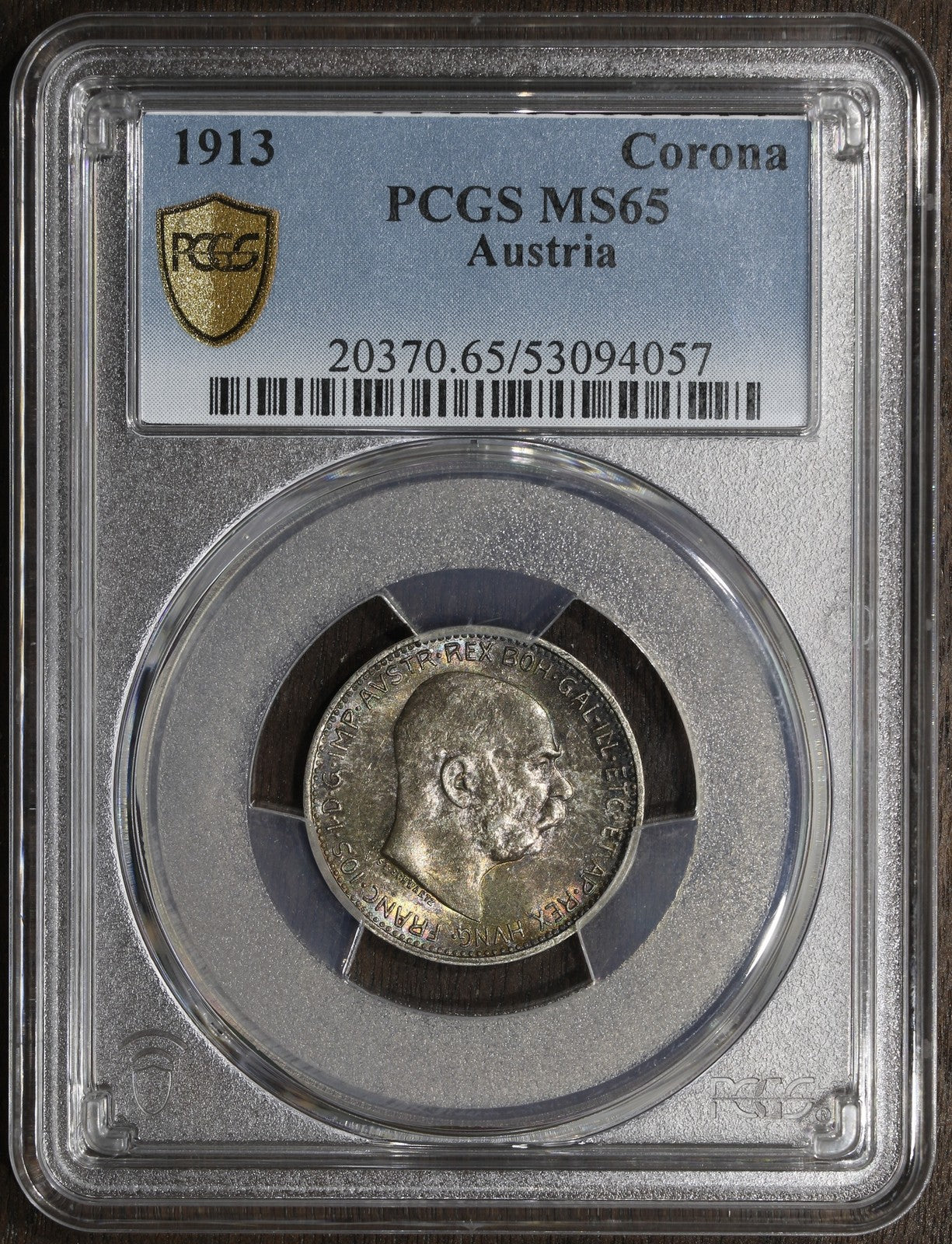 1913 (MS65) Austria Franz Joseph Silver 1 Corona PCGS - Nice Rainbow Toning