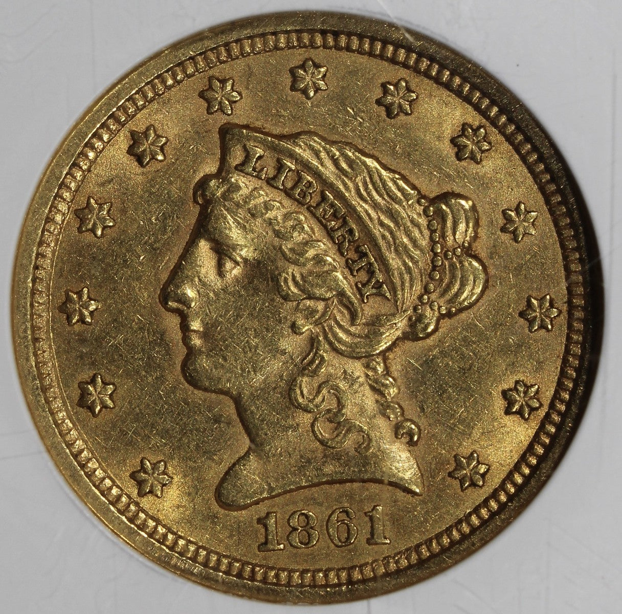 1861 (AU58 CAC) Type 2 Liberty Head Gold Quarter Eagle $2.50 NGC New Reverse