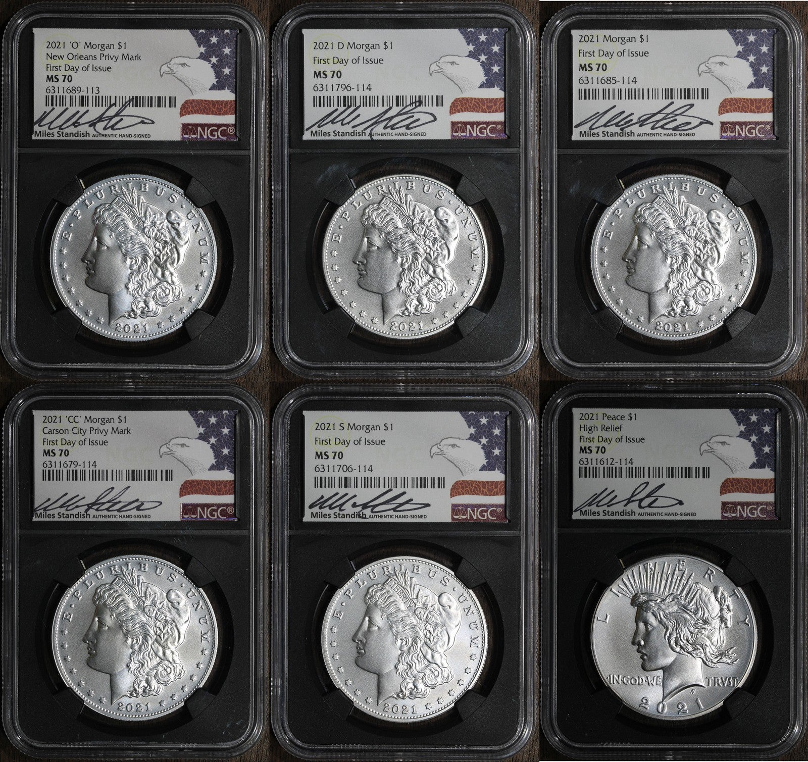 2021 (MS70) Morgan and Peace Dollar Six 6 Coin Set $1 NGC - First Day of Issue