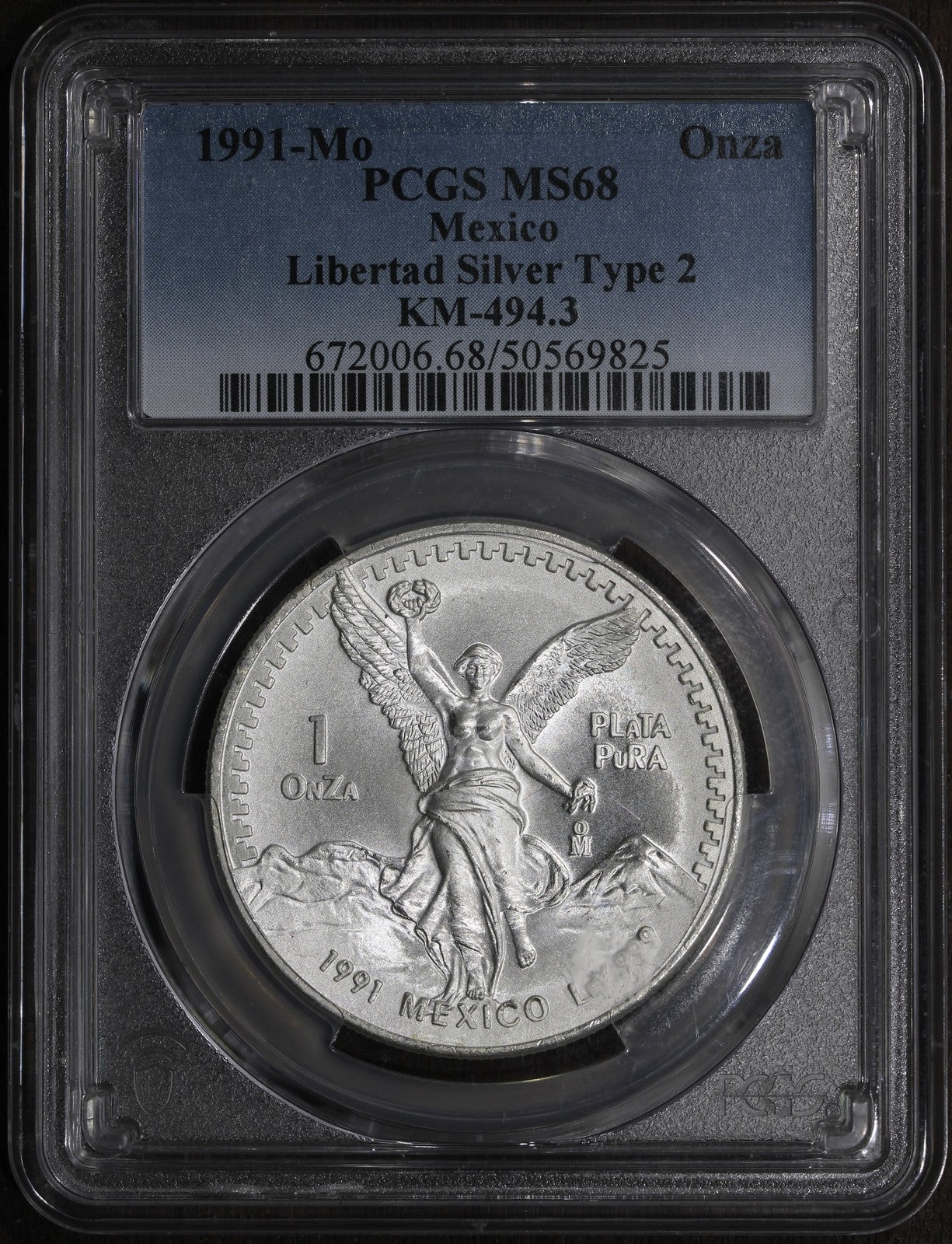 1991-Mo Type 2 (MS68) Mexico 1 oz Silver Libertad Onza PCGS - Rare Variety