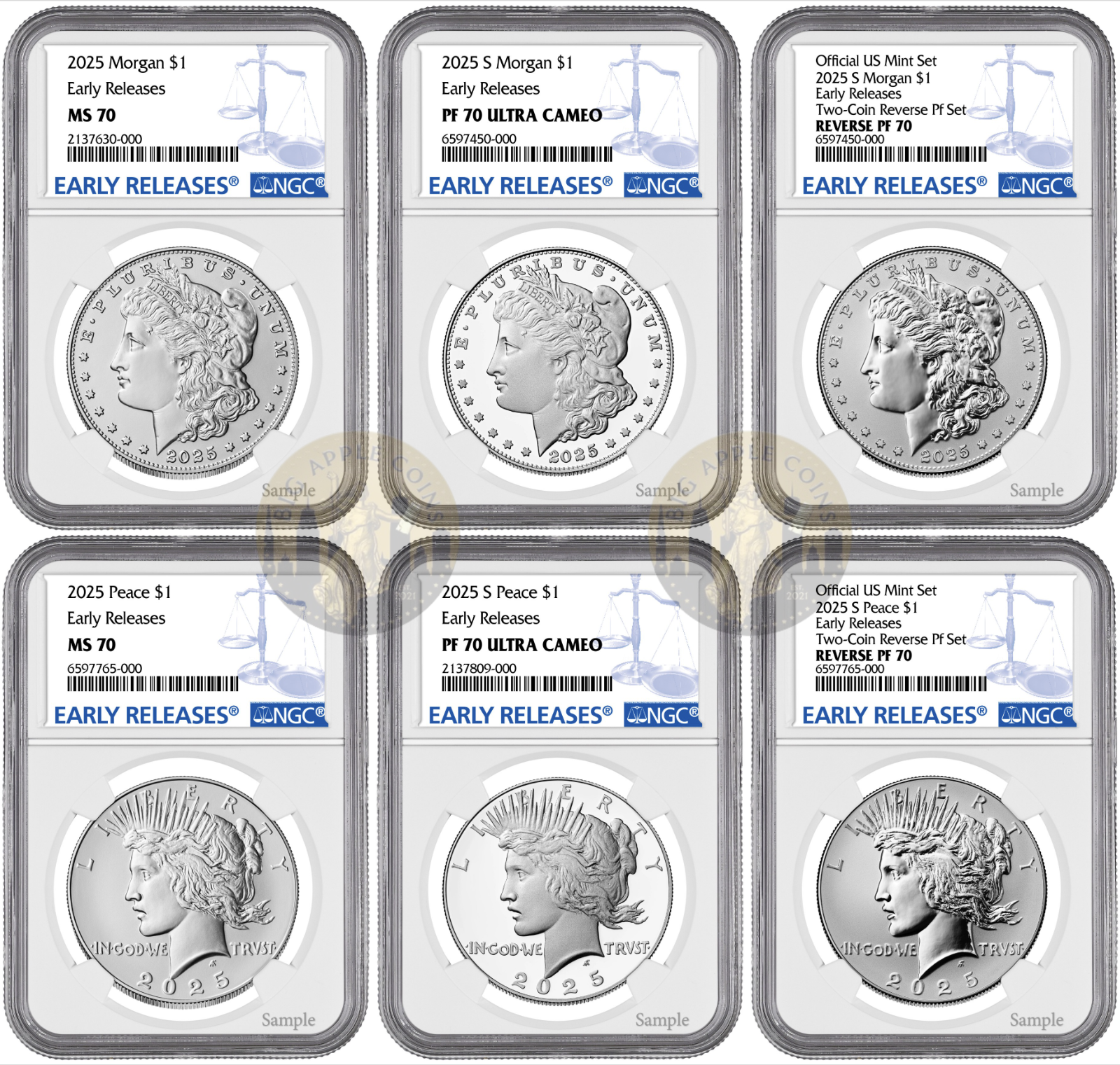 2025 (MS/PF/RP70) Six 6-Coin Set $1 Morgan & Peace Silver Dollar NGC Early ER