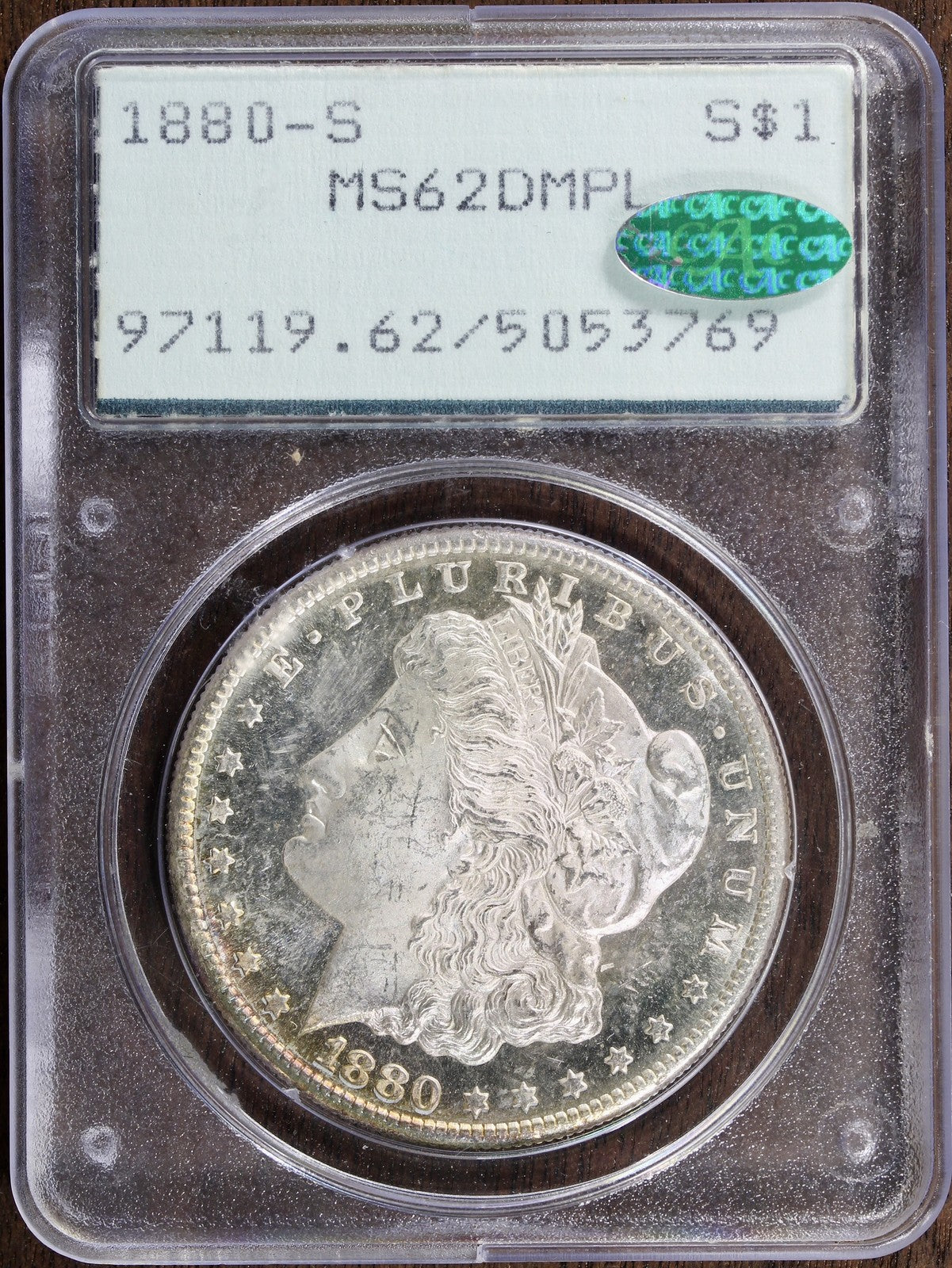 1880-S (MS62 DMPL CAC) Morgan Silver Dollar $1 PCGS Rattler - Deep Mirrors