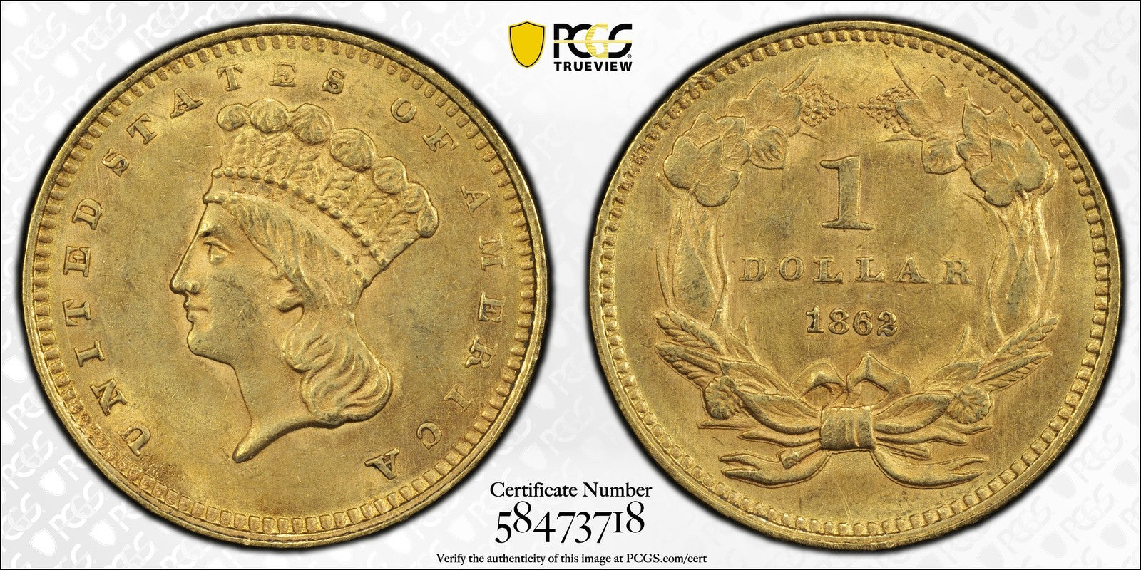 1862 (MS62 CAC) Type 3 Indian Princess Gold Dollar $1 PCGS