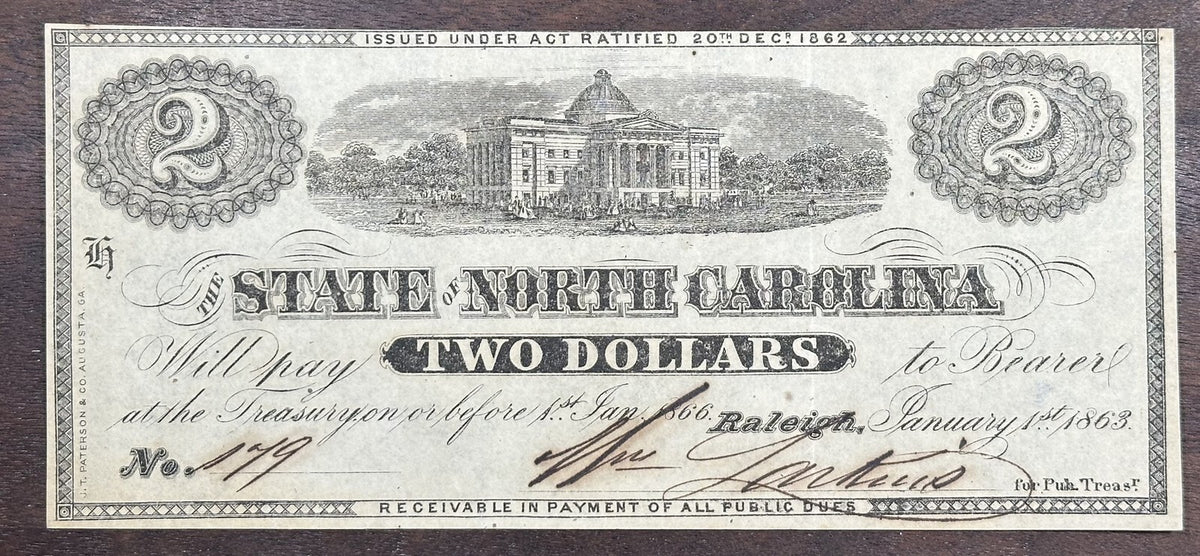 1863 The State of North Carolina 2 Dollar Obsolete Bank Note - Two Dollars