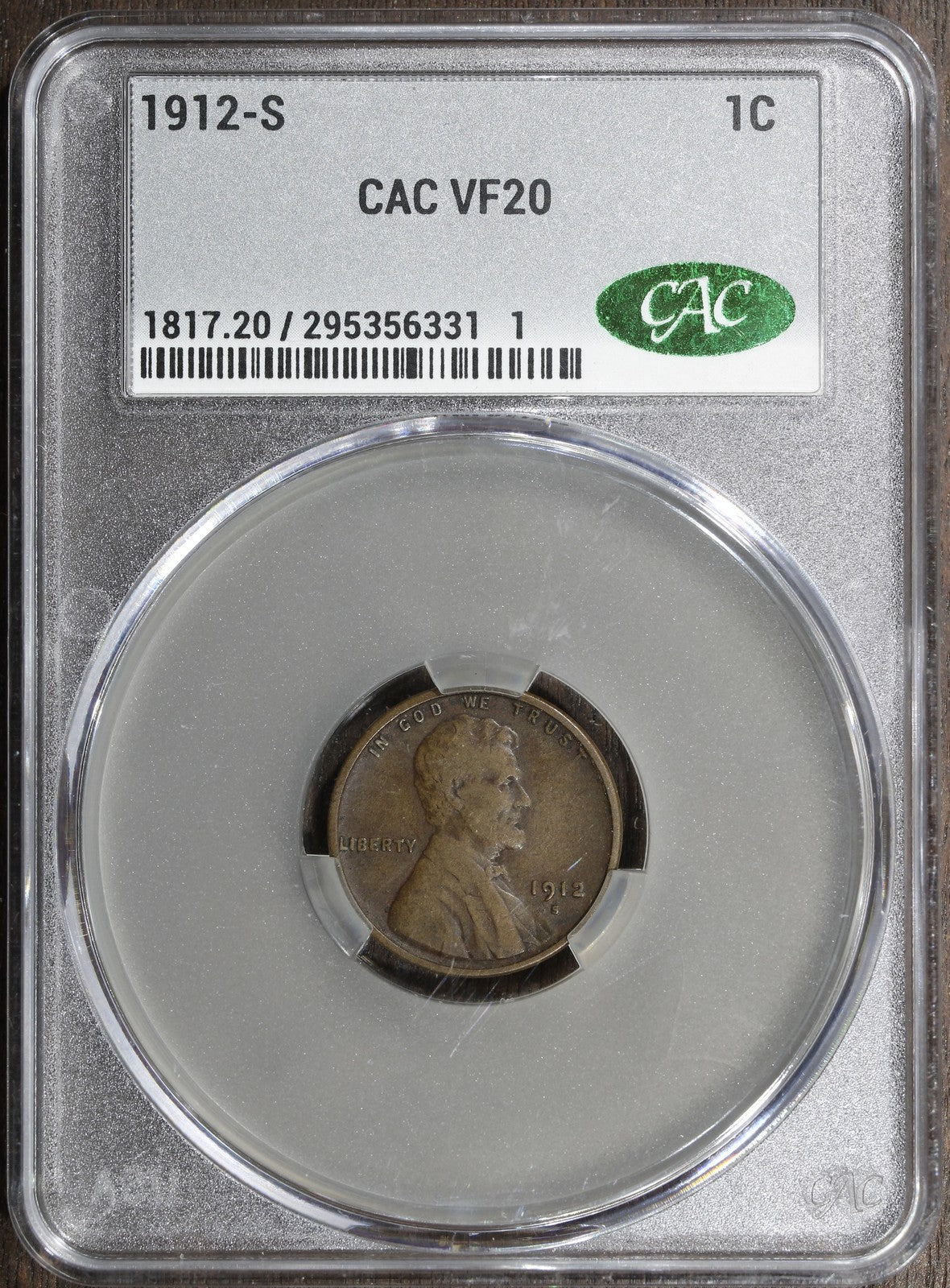 1912-S (VF20 CAC) Lincoln Wheat Cent 1C CACG - Better Date