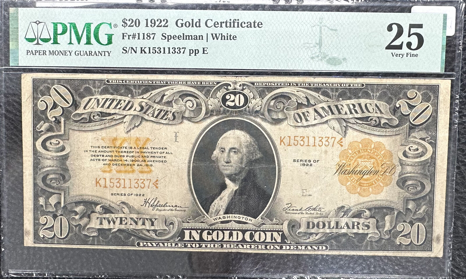 1922 (VF25) $20 Gold Certificate FR. 1187 PCGS - Popular Type