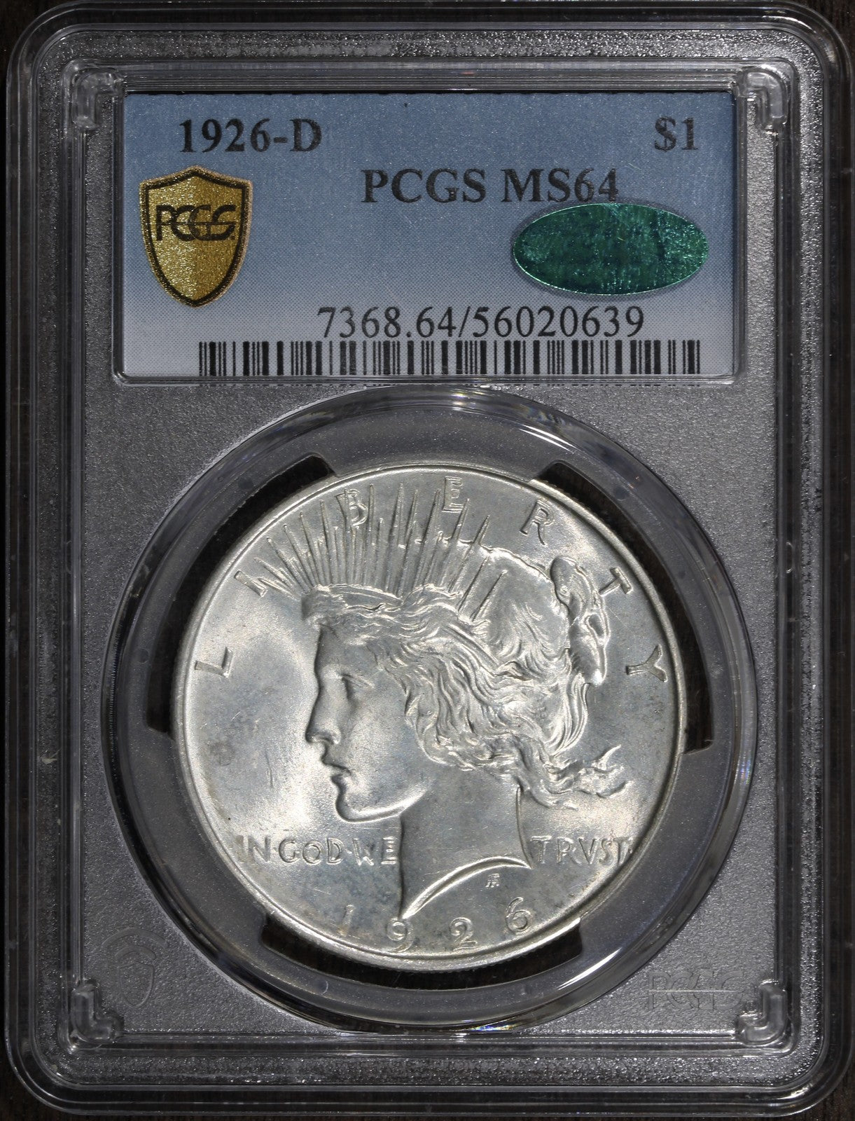 1926-D (MS64 CAC) Peace Silver Dollar $1 PCGS - Better Date Blast White