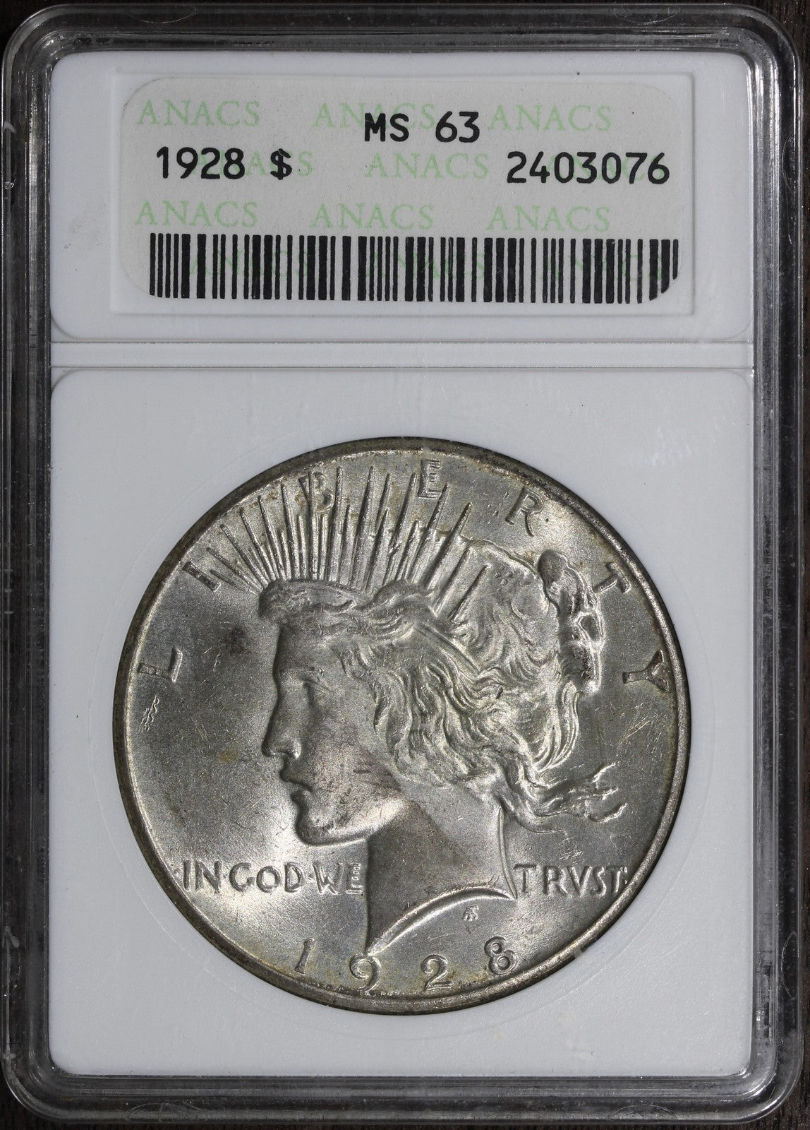 1928 (MS63) Peace Silver Dollar $1 ANACS Soapbox - Old Holder Key Date