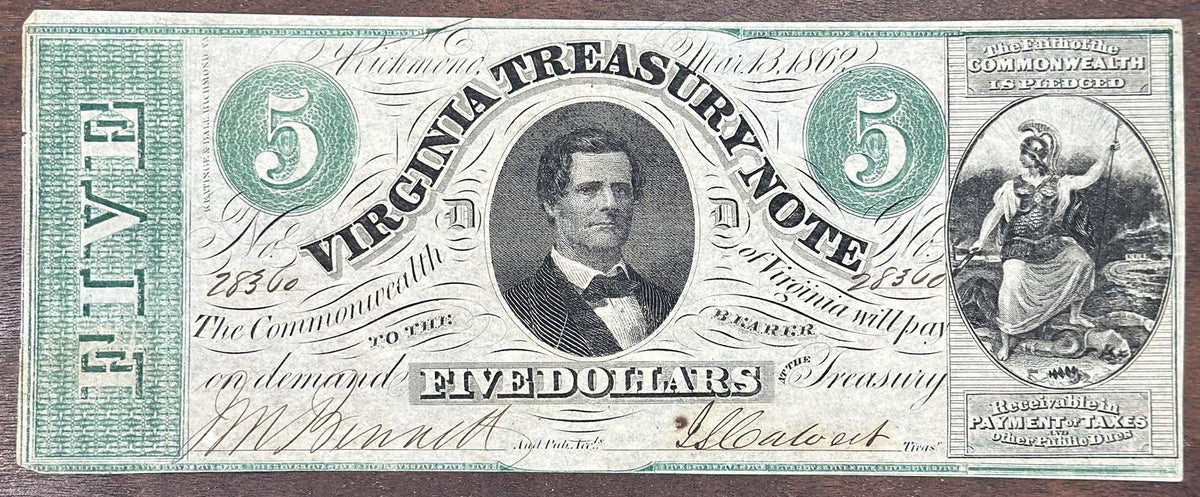 1862 $5 Virginia Treasury Note Obsolete Bank Note - 5 Dollars