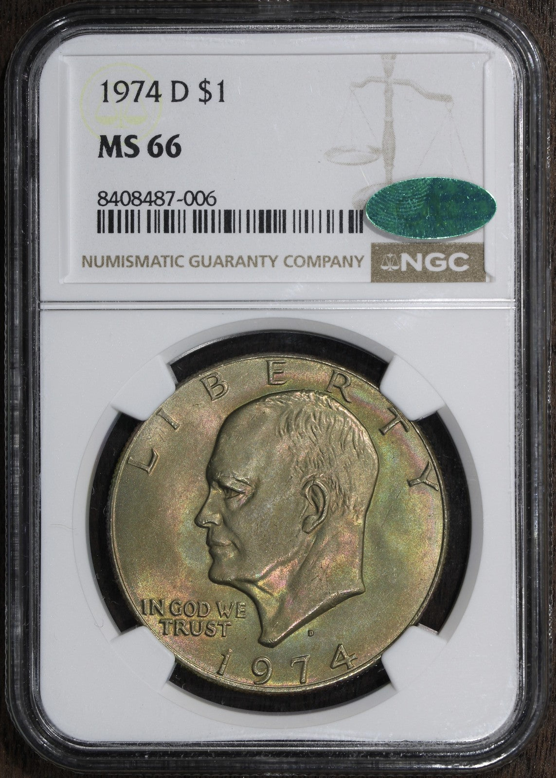 1974-D (MS66 CAC) Eisenhower Dollar $1 NGC - Rainbow Toned Ike Dollar!