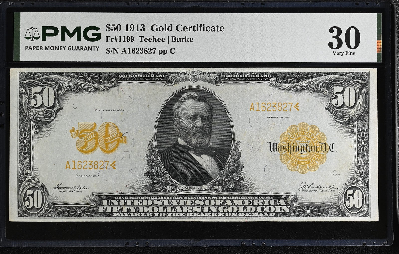 1913 $50 Gold Certificate Fr#1199 Teehee Burke PMG VF30