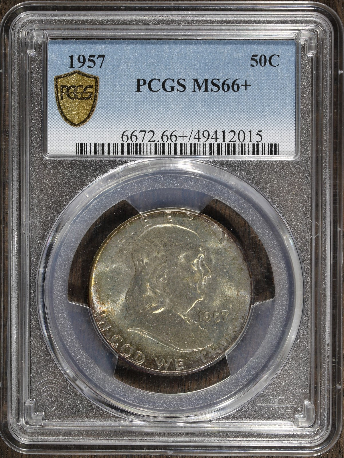 1957 (MS66+) Franklin Half Dollar 50C PCGS - Colorful Toning