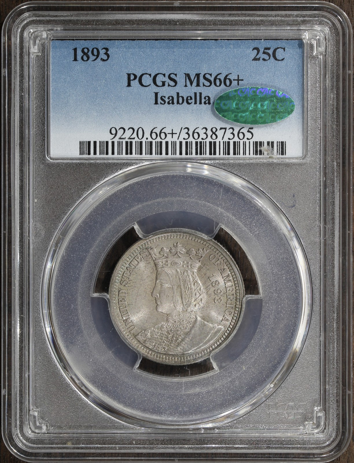 1893 (MS66+ CAC) Isabella Quarter 25C PCGS - Commemorative Gem