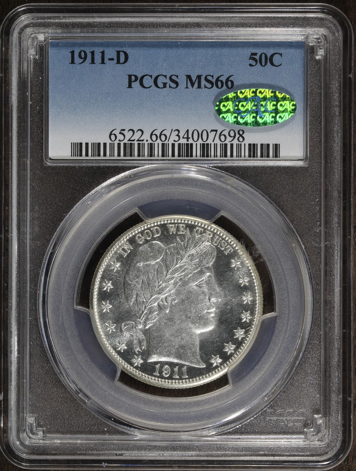 1911-D (MS66 CAC) Barber Half Dollar 50C PCGS - Proof Like Fields!