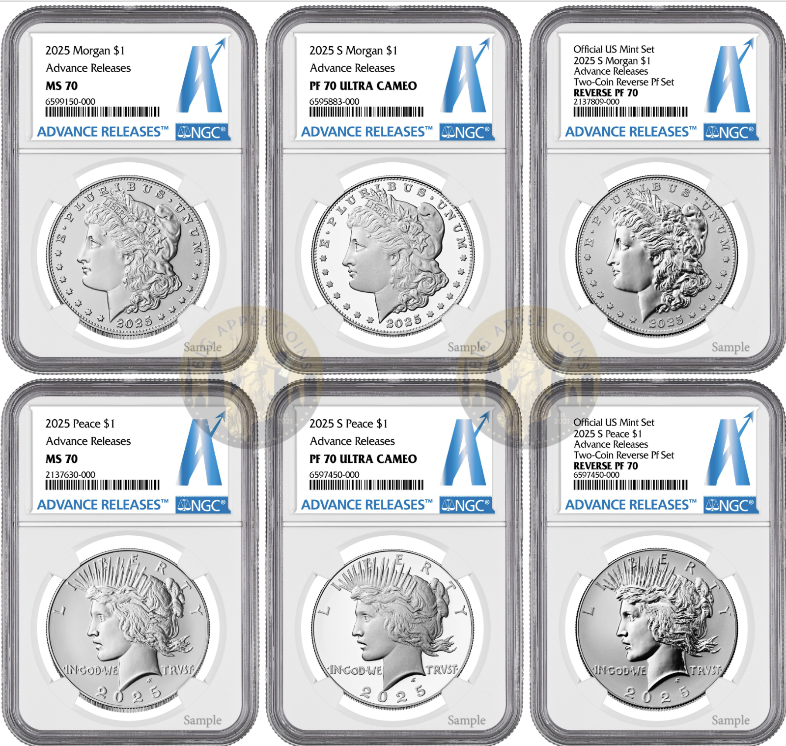 2025 (MS/PF/RP70) Six 6-Coin Set $1 Morgan & Peace Silver Dollar NGC AR Advanced