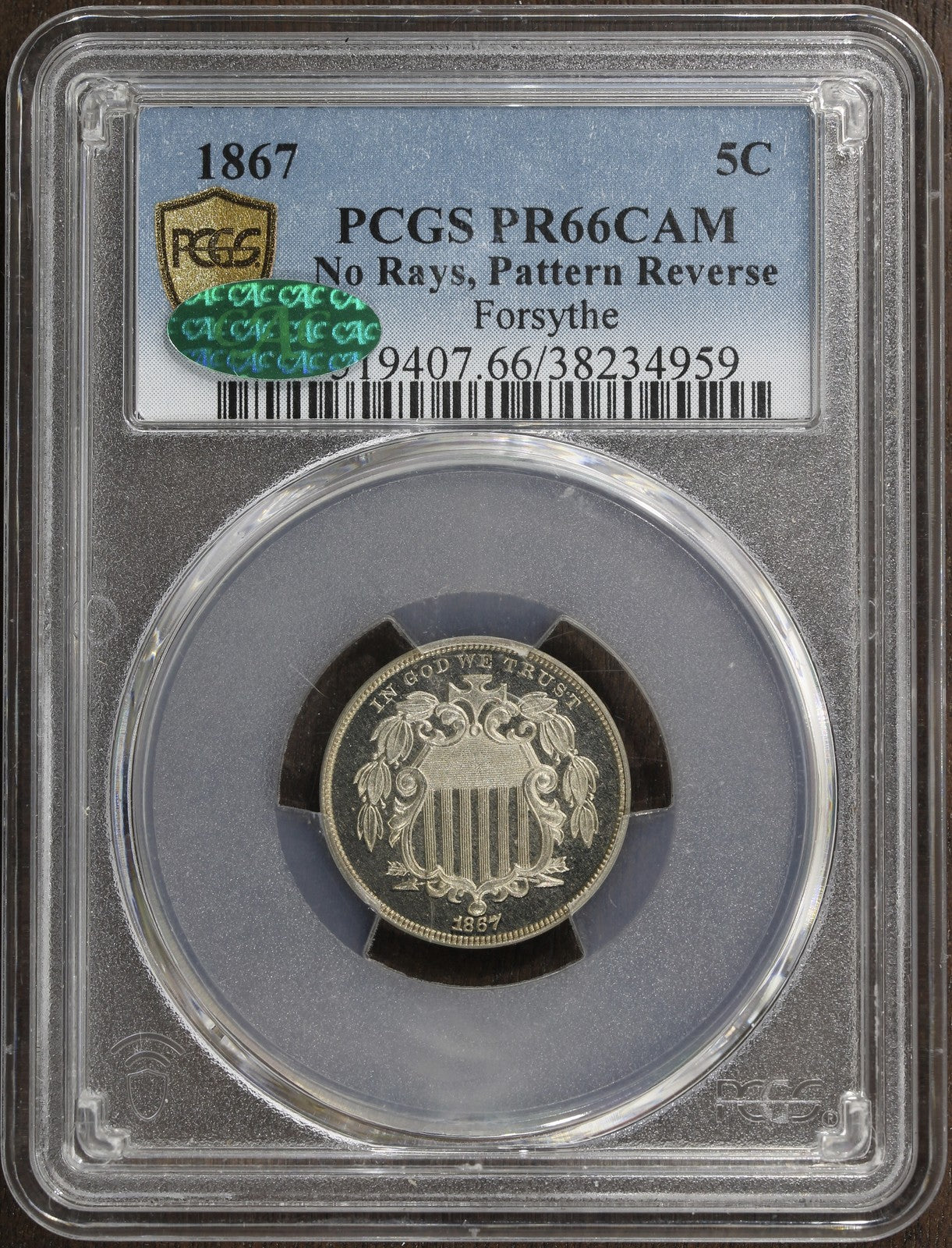 1867 (PR66 CAMEO CAC) Shield Nickel 5C PCGS - No Rays, Pattern Reverse