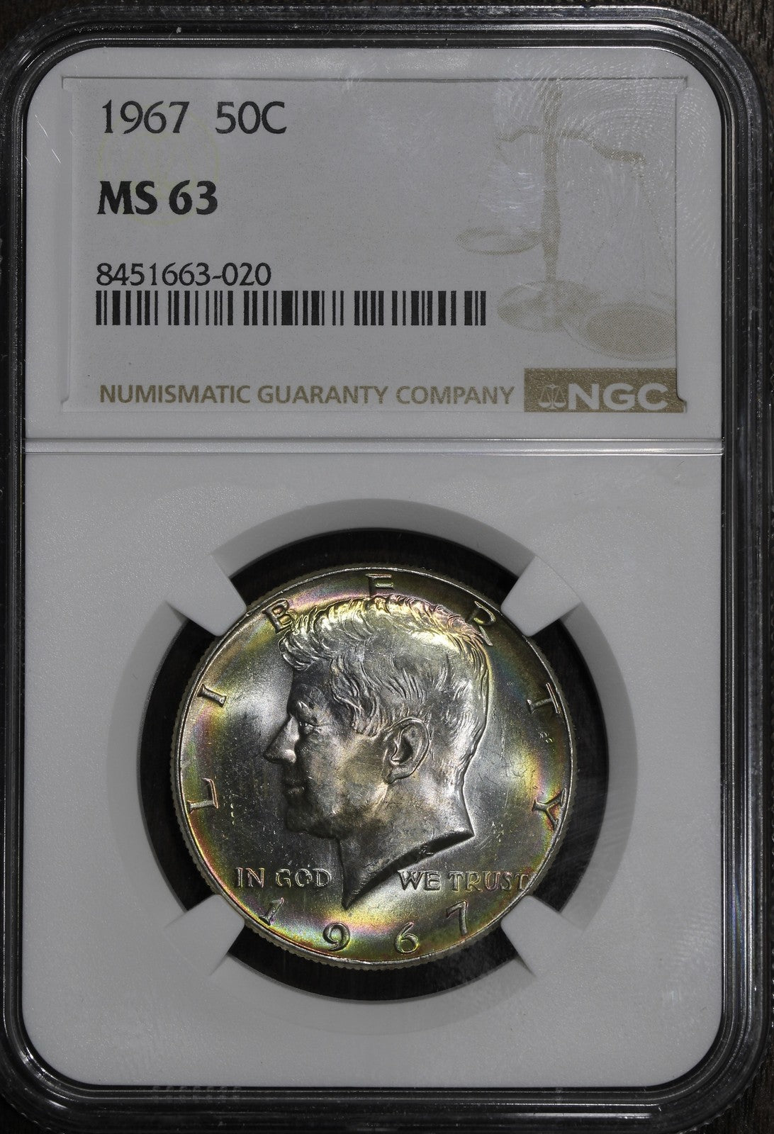 1967 (MS63) Monster Rainbow Toned Kennedy Half Dollar 50C NGC
