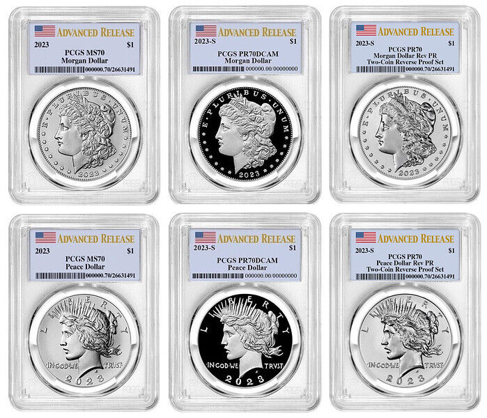 2023 (MS70/PR70) 6-Coin Set $1 Morgan & Peace Dollar AR Advance Release PCGS