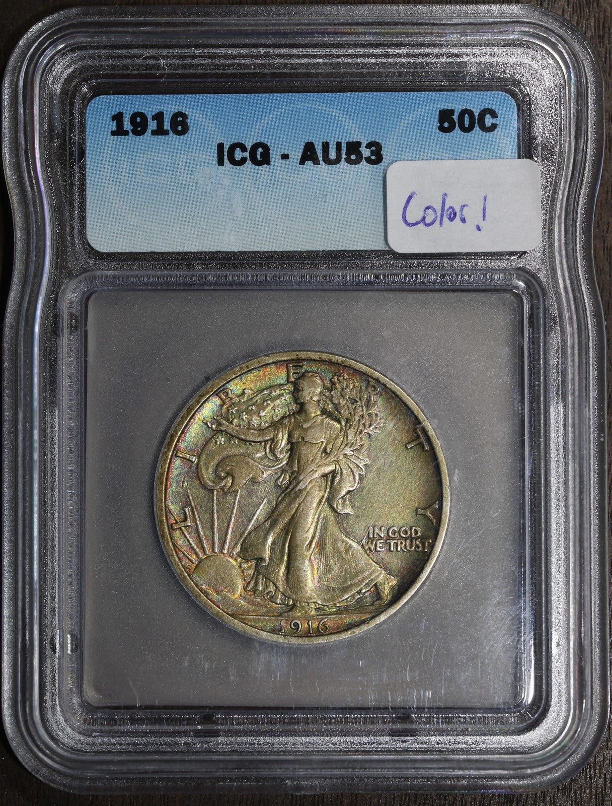 1916 (AU53) Walking Liberty Half Dollar 50C ICG - Beautiful Color Toning