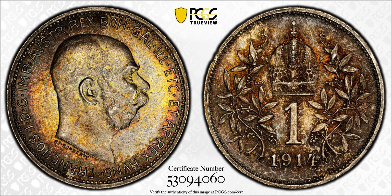 1914 (MS65) Austria Franz Joseph Silver 1 Corona PCGS - Rainbow Toned GEM