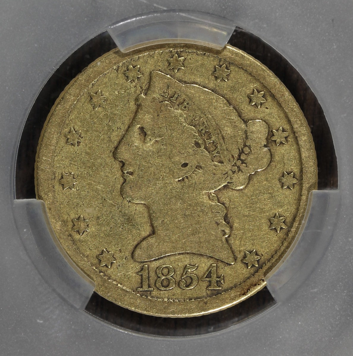 1854-D (VG10 CAC) Liberty Head Half Eagle $5 CACG - Dahlonega Gold - DL Hansen