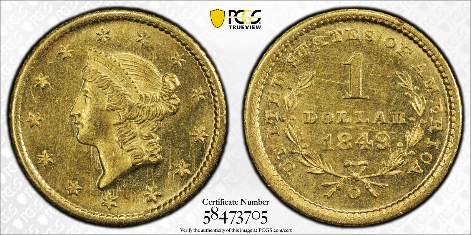 1849-O (MS61) Type 1 Liberty Head Gold Dollar $1 PCGS - New Orleans Mint