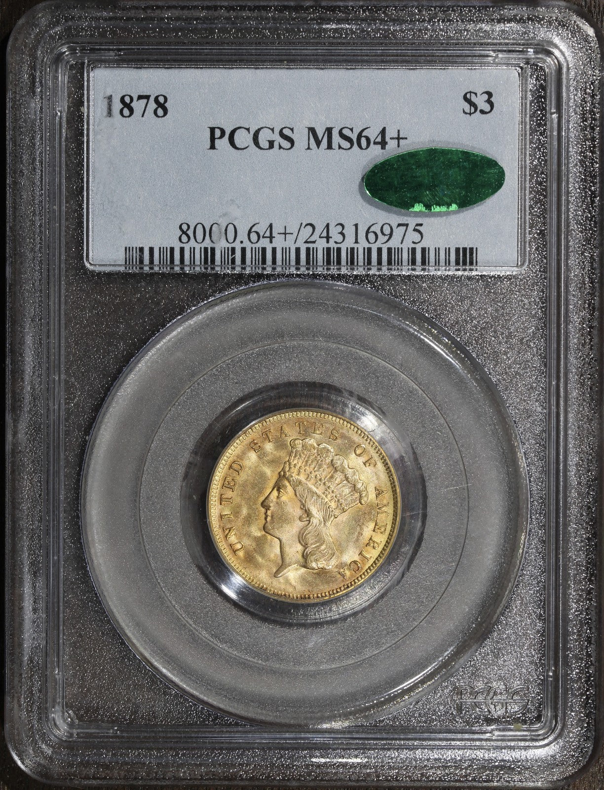 1878 (MS64+ CAC) Indian Princess Three Dollar Gold Piece $3 PCGS - PLUS