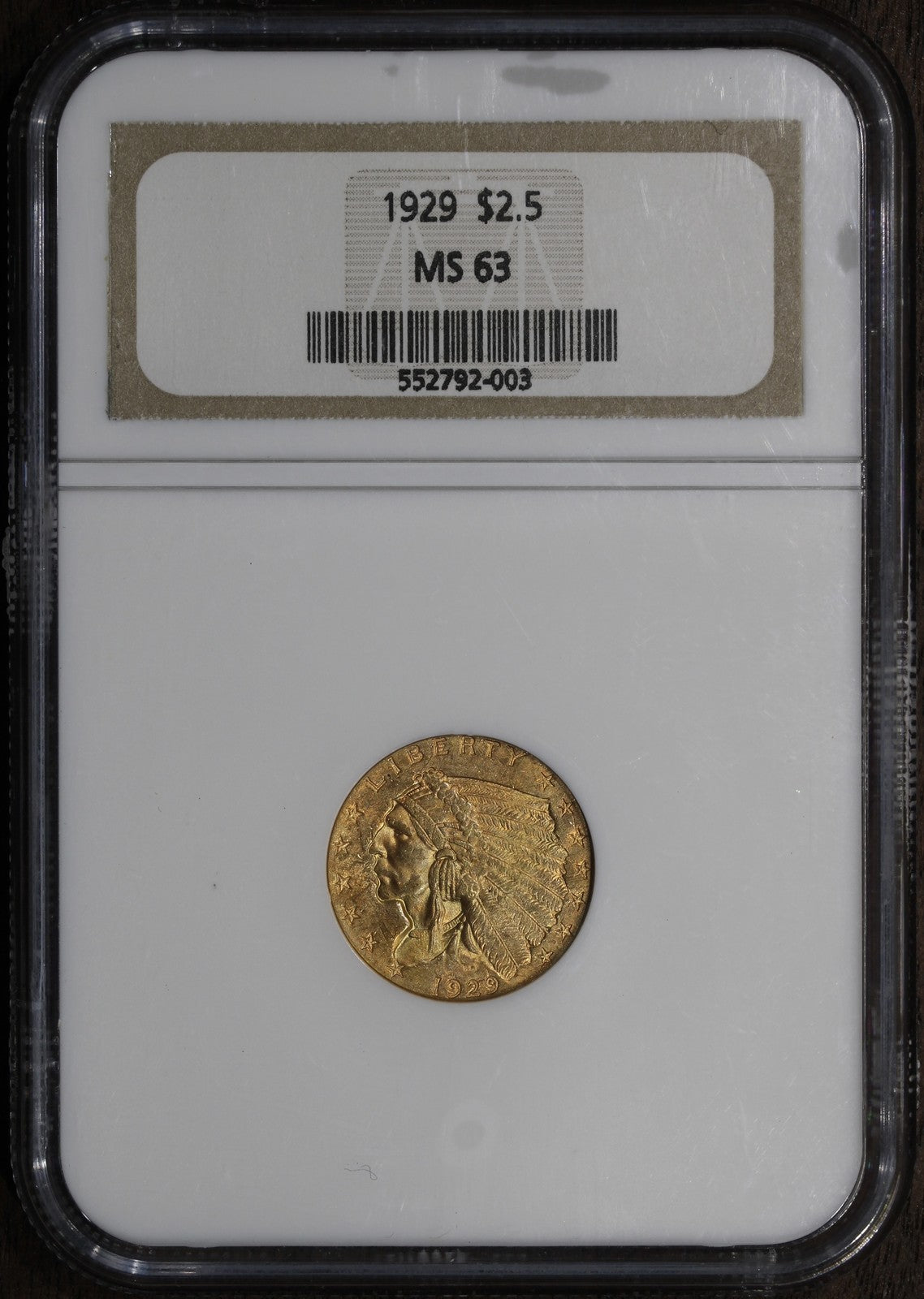 1929 (MS63) Indian Head Gold Quarter Eagle $2.50 NGC - Scarce Holder